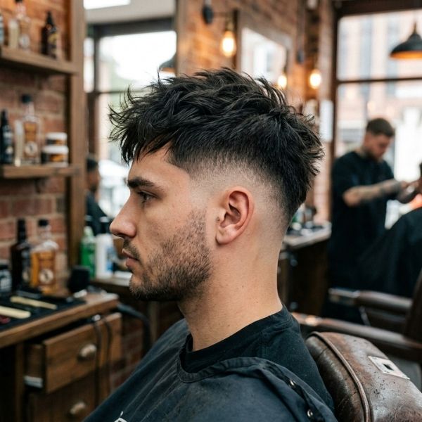 High Burst Fade Straight Hair with Messy Top
