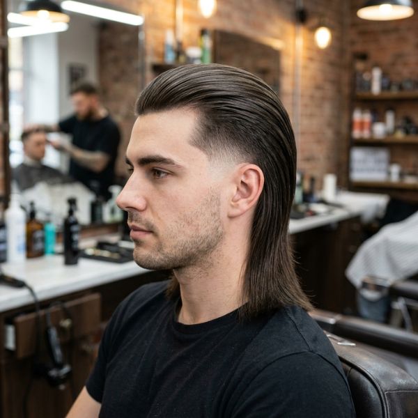 Straight Hair Burst Fade Mullet