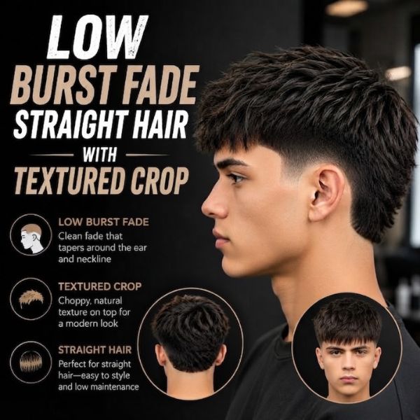 Low Burst Fade Straight Hair with Textured Crop