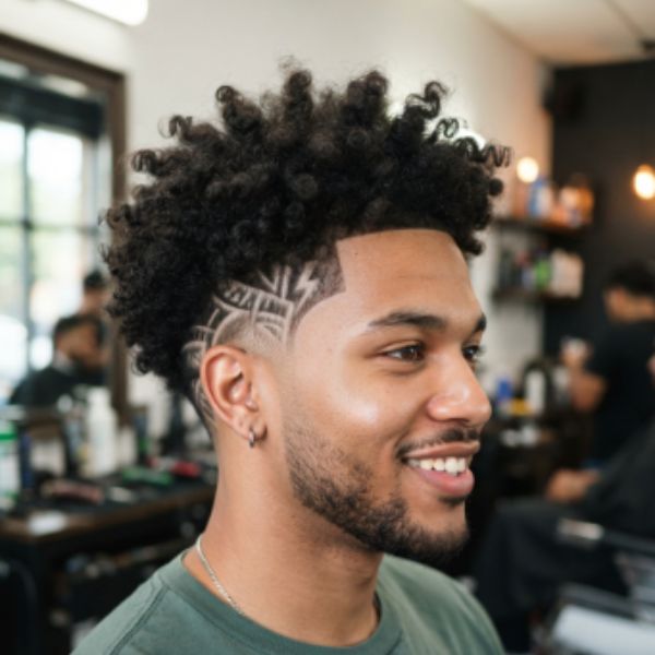 Burst Fade Curly Hair With Design