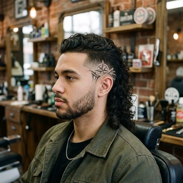 Burst Fade Mullet with Design
