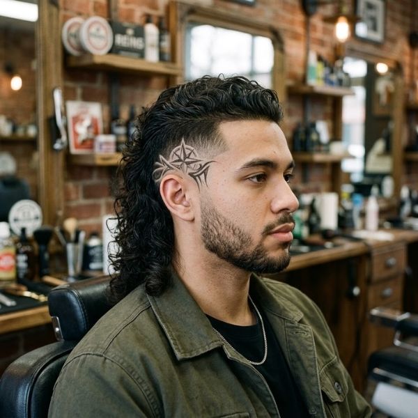 Burst Fade Mullet with Design