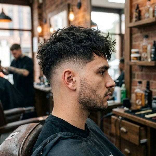 High Burst Fade Straight Hair with Messy Top