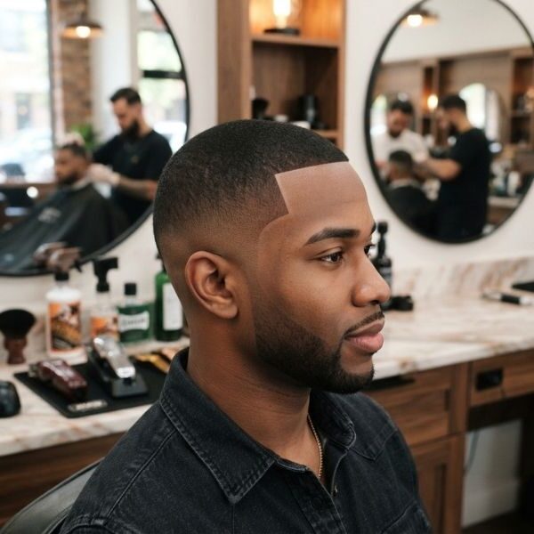 Low Taper Fade Buzz Cut with Line-Up