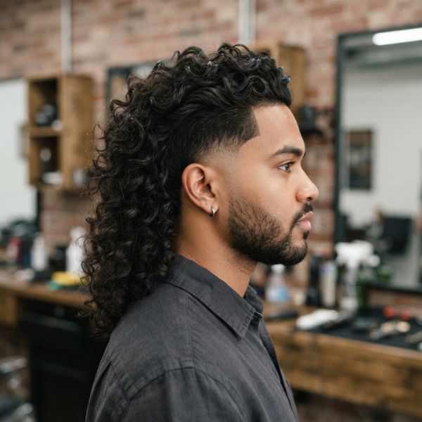 Mid Burst Fade Curly Hair Mullet