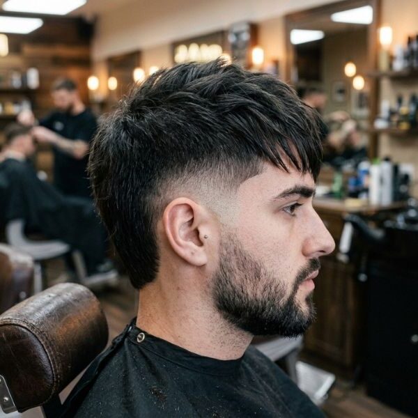Mid Burst Fade Straight Hair with Textured Fringe