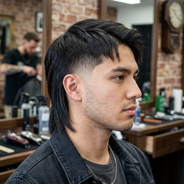 Straight Hair Burst Fade Mullet