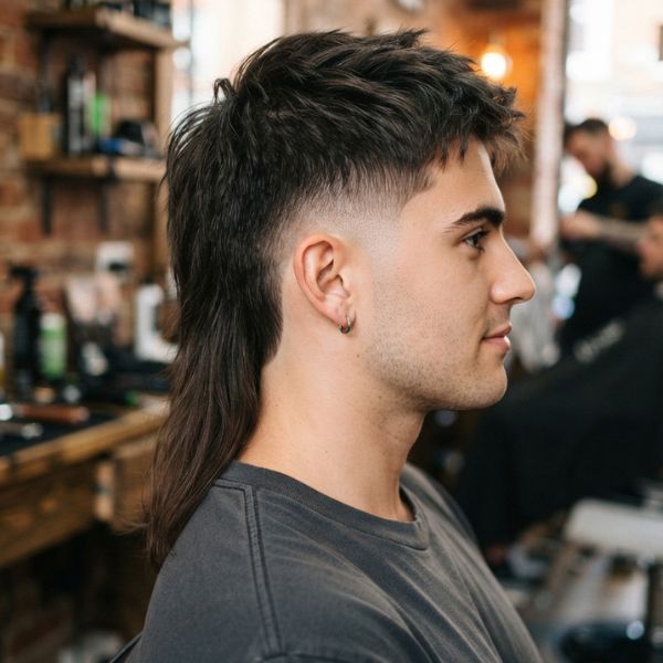 Straight Hair Burst Fade Mullet