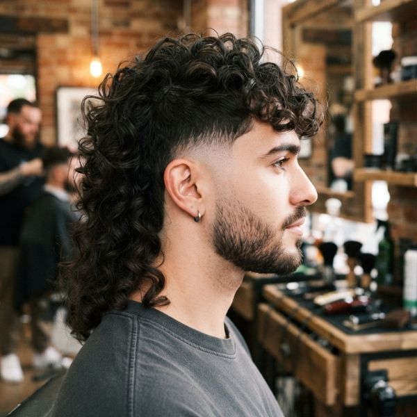 Burst Fade Mullet Curly Hair